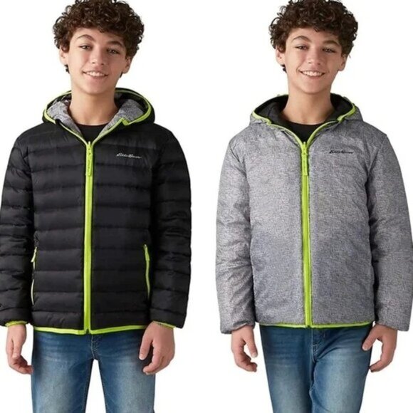 EDDIE BAUER Down Hooded Puffer Coat Boy's Black Green Reversible Size XS 5/6 - Picture 16 of 16